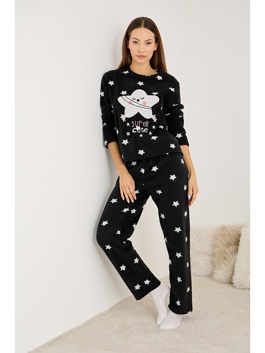 Siyah Polar Kışlık Örme Pijama Takım-1