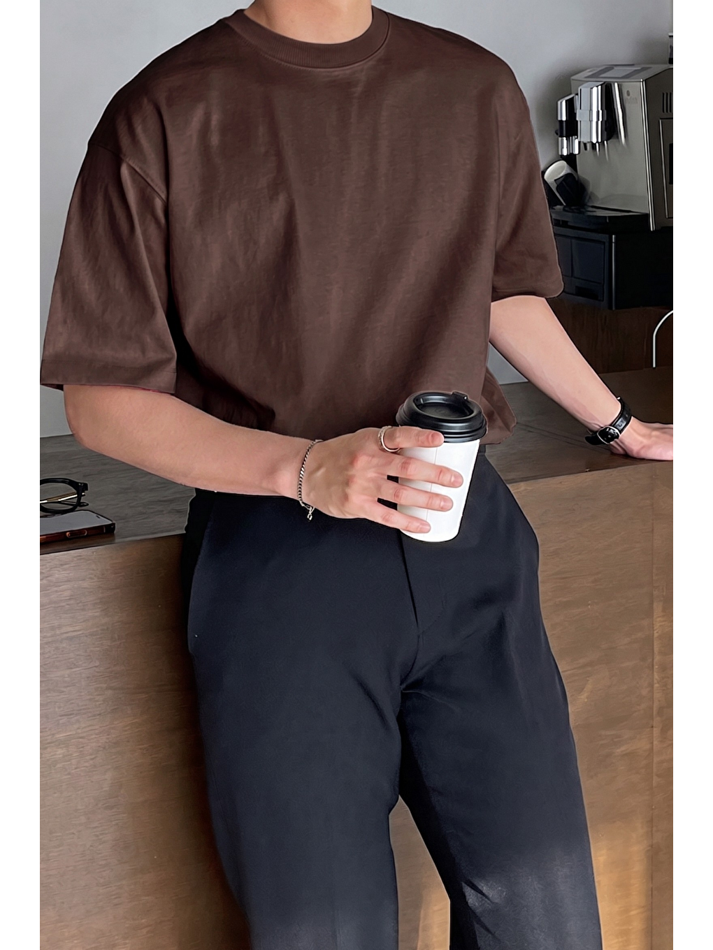 Kahverengi Erkek Oversize Tişört Pamuk Kumaş Bisiklet Yaka Rahat Kalıp T-shirt-2