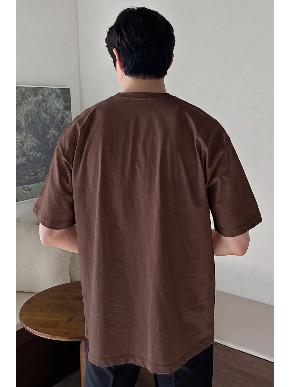 Kahverengi Erkek Oversize Tişört Pamuk Kumaş Bisiklet Yaka Rahat Kalıp T-shirt-3