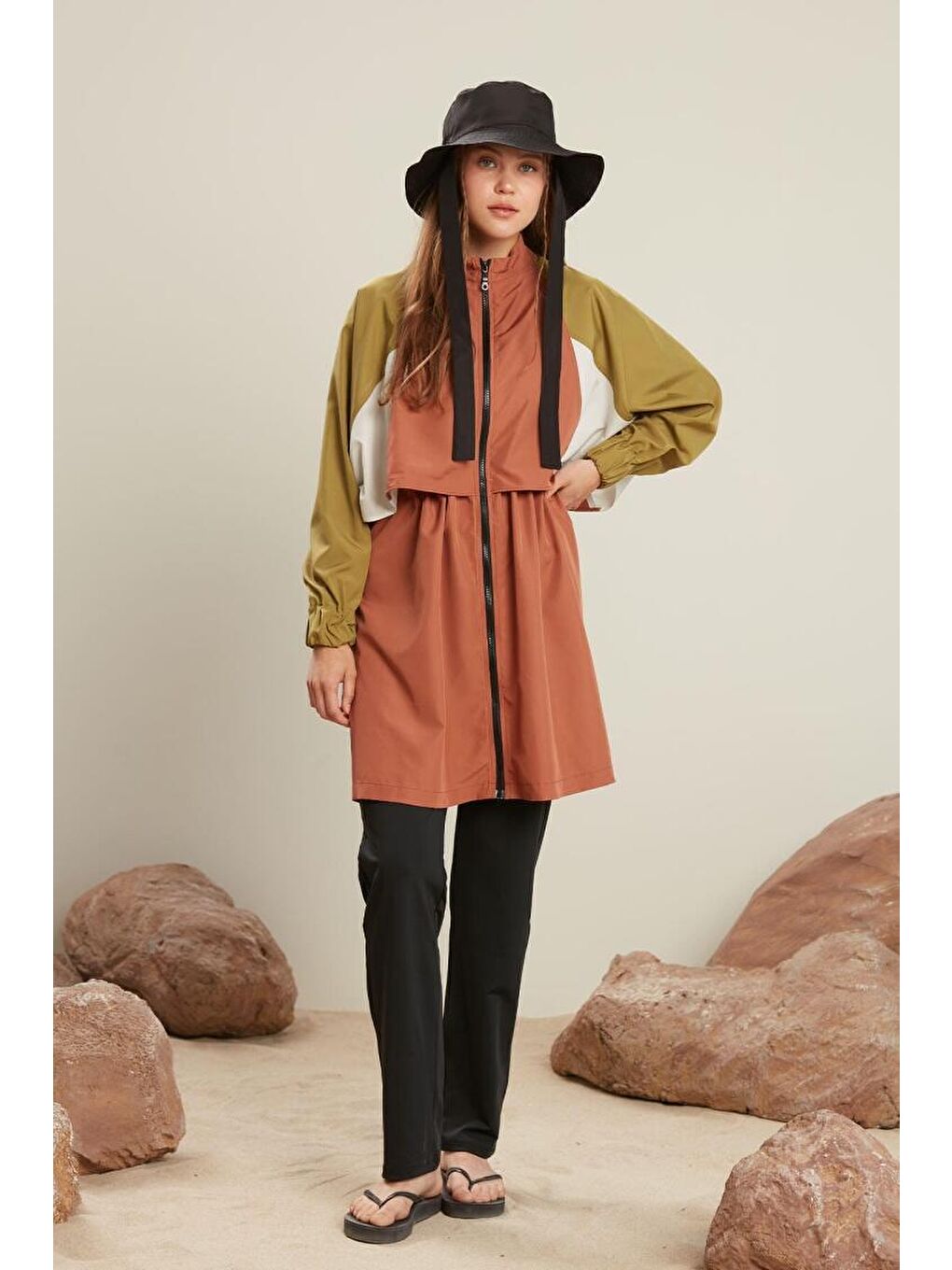 Bloklu Tesettür Mayo Tunik Turuncu-3