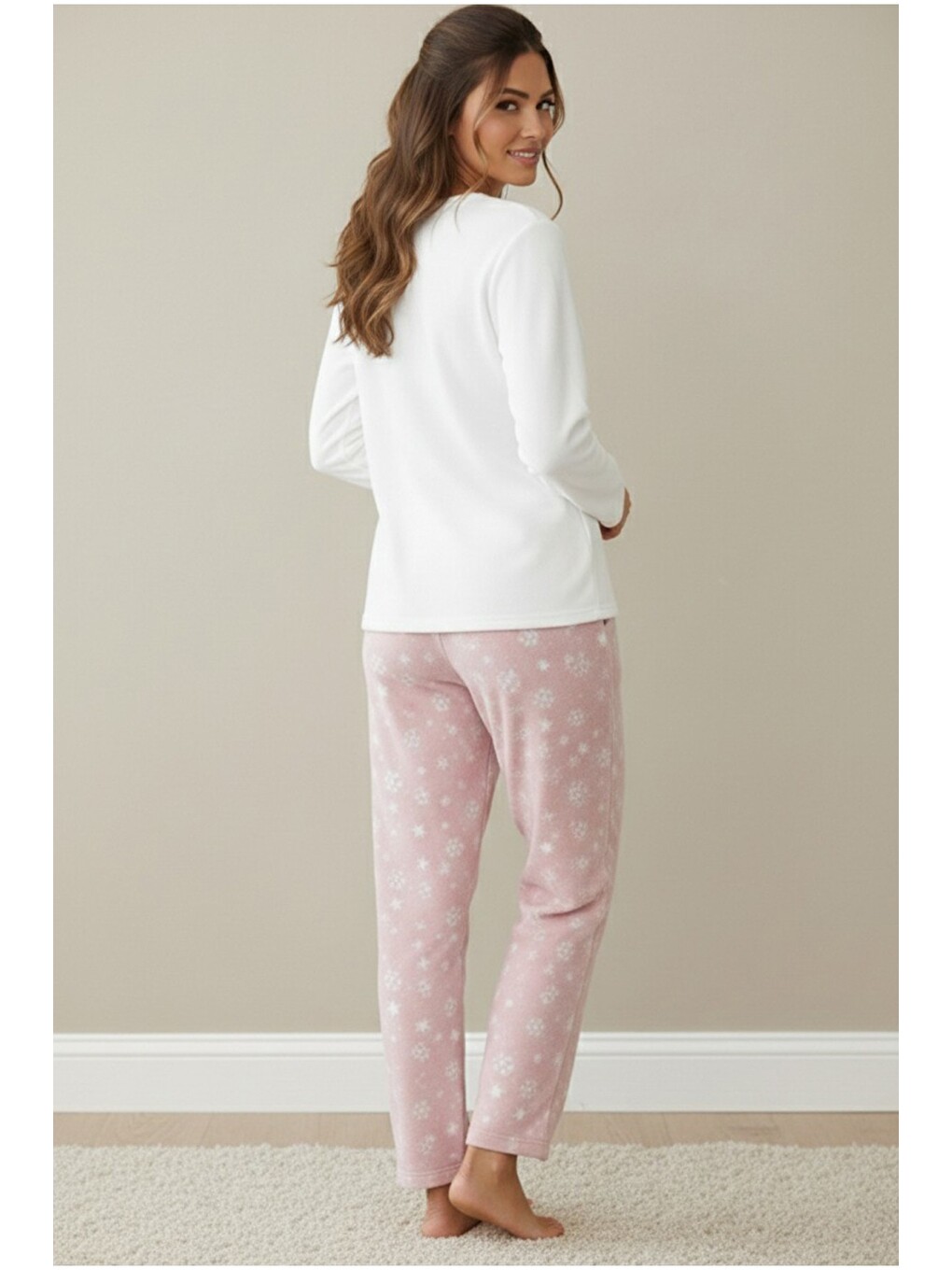 Beyaz Polar Kışlık Örme Pijama Takım-2