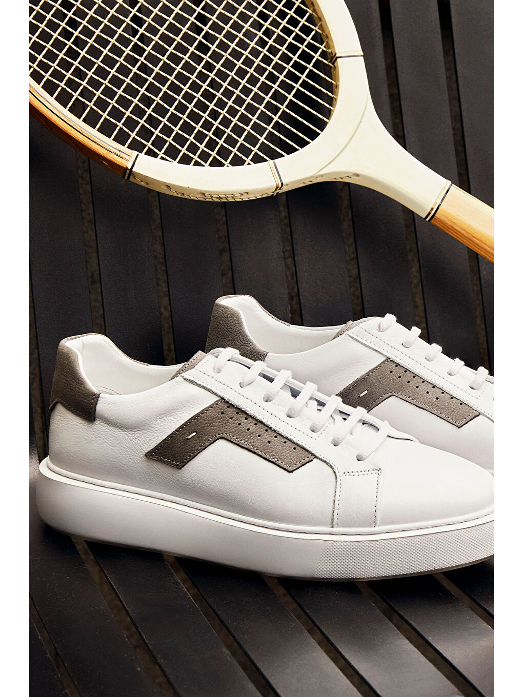 Erkek Beyaz-Gri %100 Deri Rahat Taban Sneaker Spor Ayakkabı