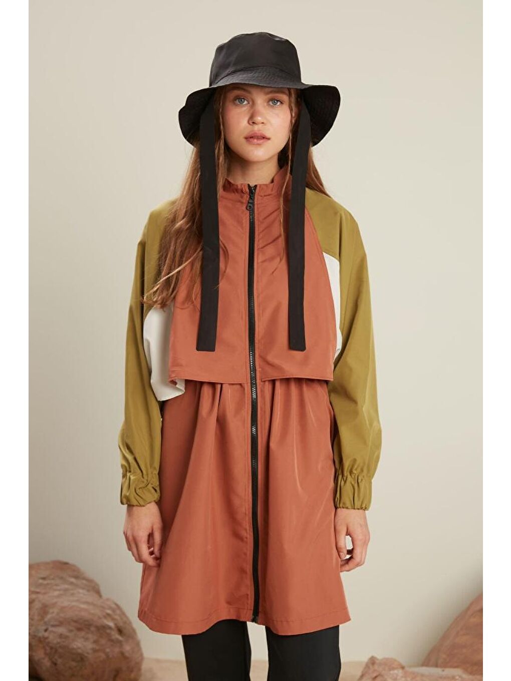 Bloklu Tesettür Mayo Tunik Turuncu-4