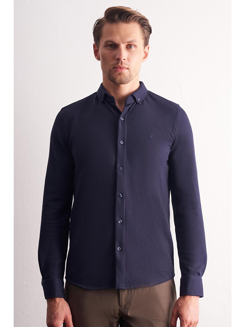 Lacivert Uzun Kol Düğmeli Yaka  Pamuklu Slim Fit Gömlek 1004255267