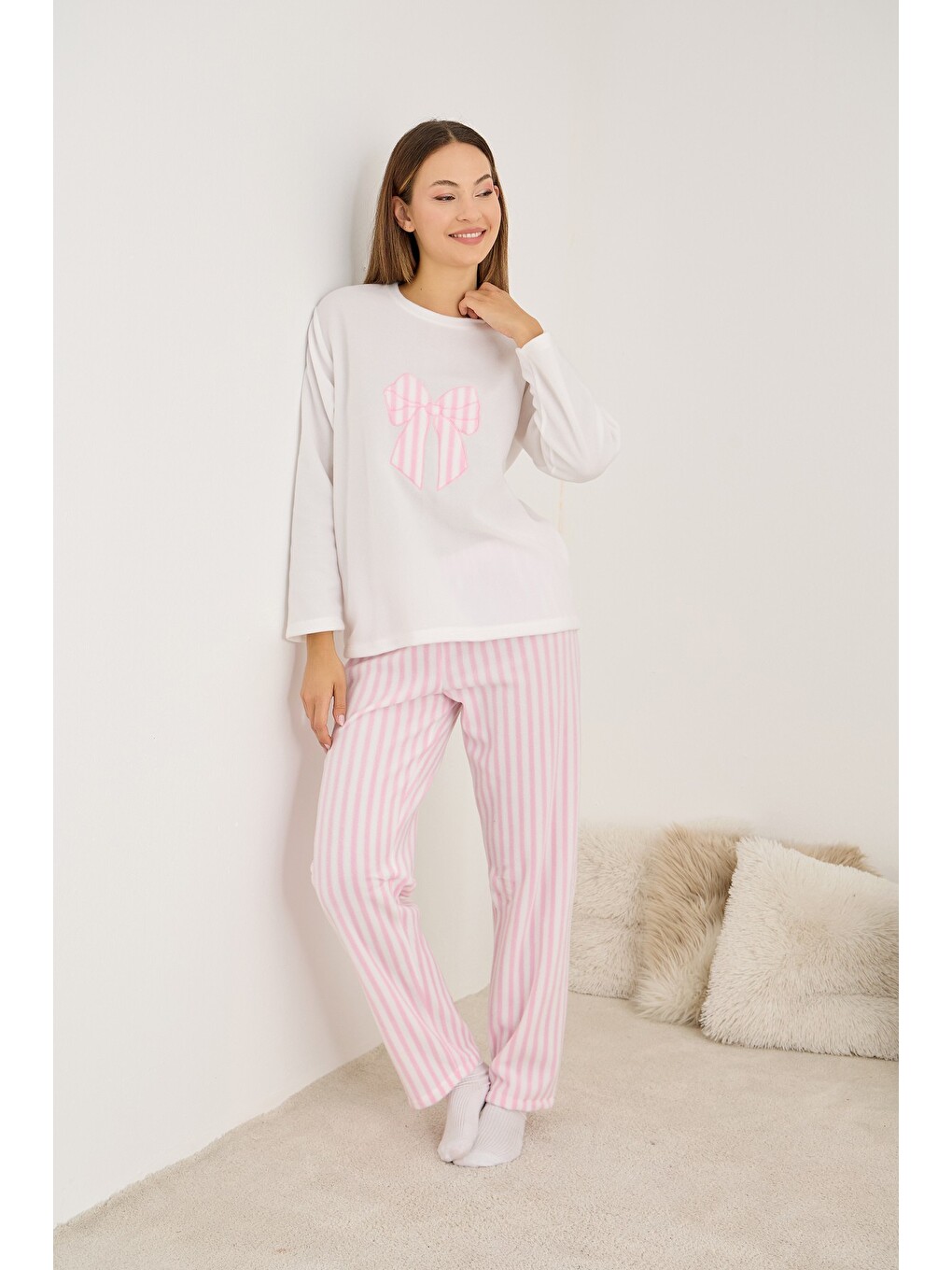 Karışık Polar Kışlık Örme Pijama Takım-1