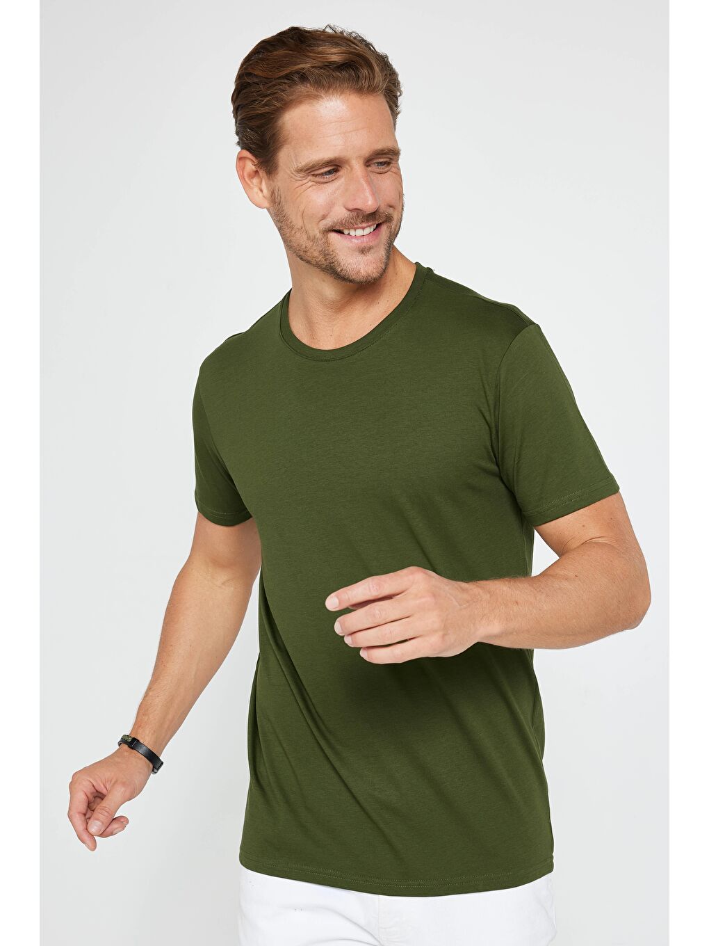 Karışık Unisex 5'li Siyah-Beyaz-Bordo-Haki-Açık Mavi Slim Fit Dar Kesim %100 Pamuk Bisiklet Yaka Tişört-2