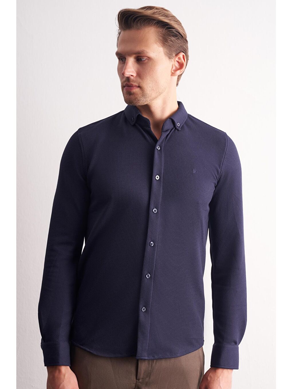 Lacivert Uzun Kol Düğmeli Yaka  Pamuklu Slim Fit Gömlek 1004255267-2