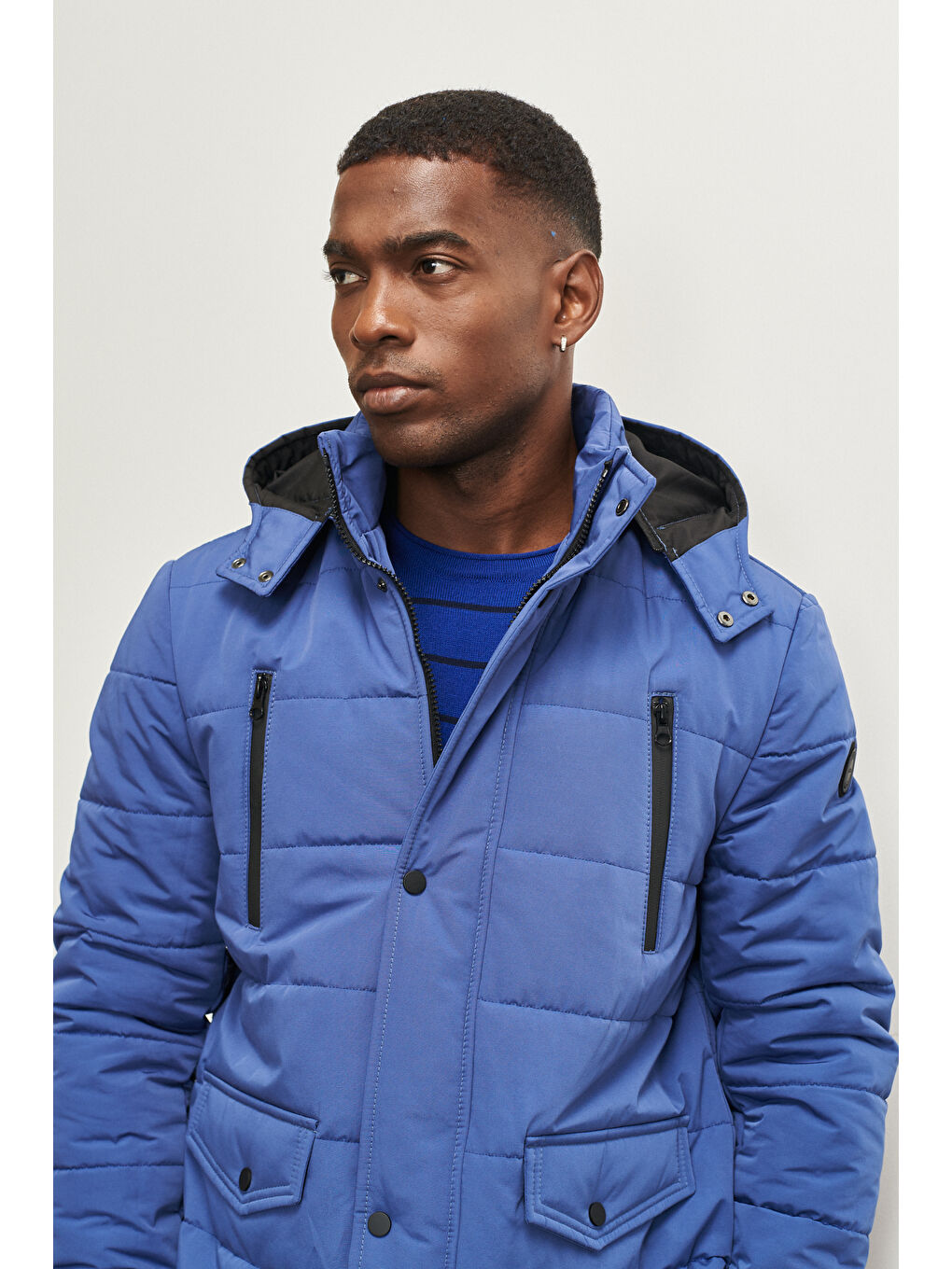 Erkek Mavi Standart Fit Normal Kesim Dik Yaka Soğuk Geçirmez Outdoor Kaban-3