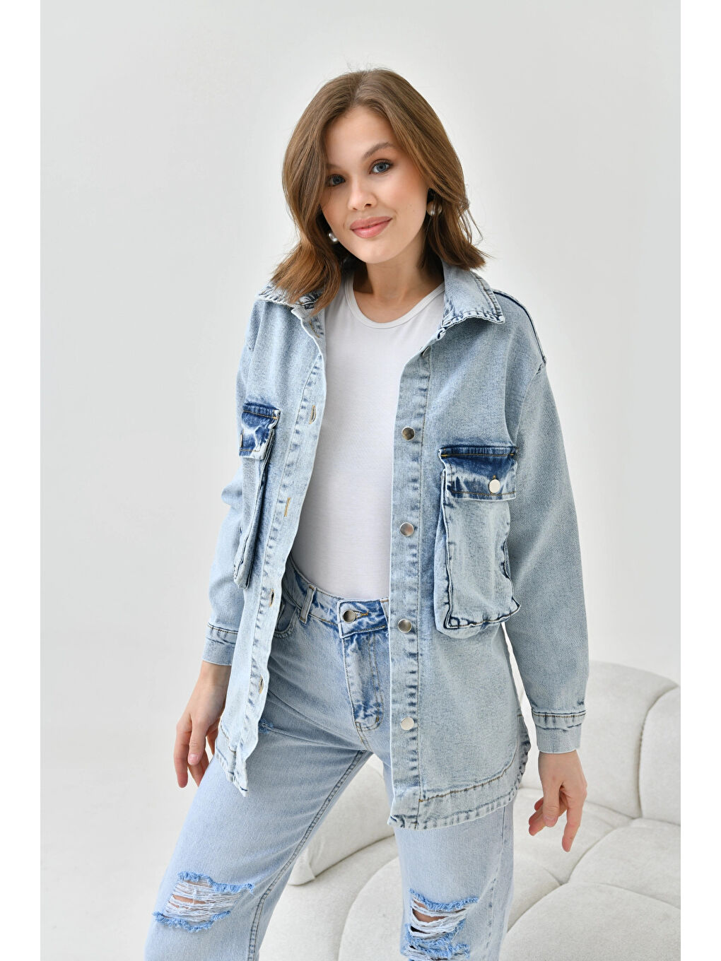 Buz Mavi Kargo Cep Düğmeli Denim Ceket-1