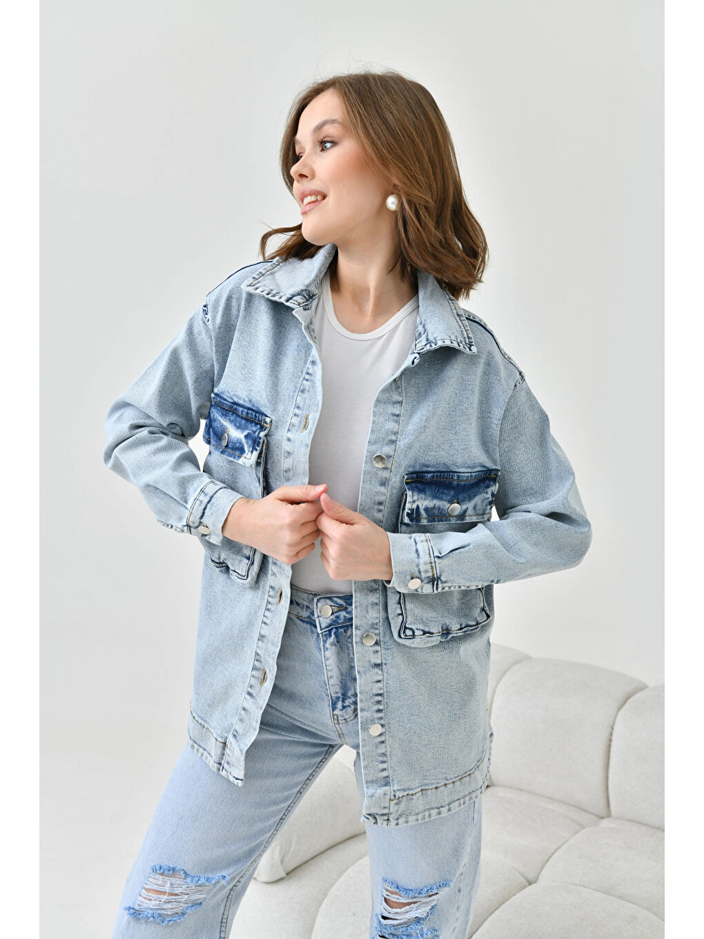 Buz Mavi Kargo Cep Düğmeli Denim Ceket-2