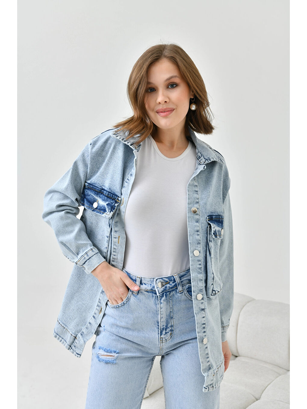 Buz Mavi Kargo Cep Düğmeli Denim Ceket-3