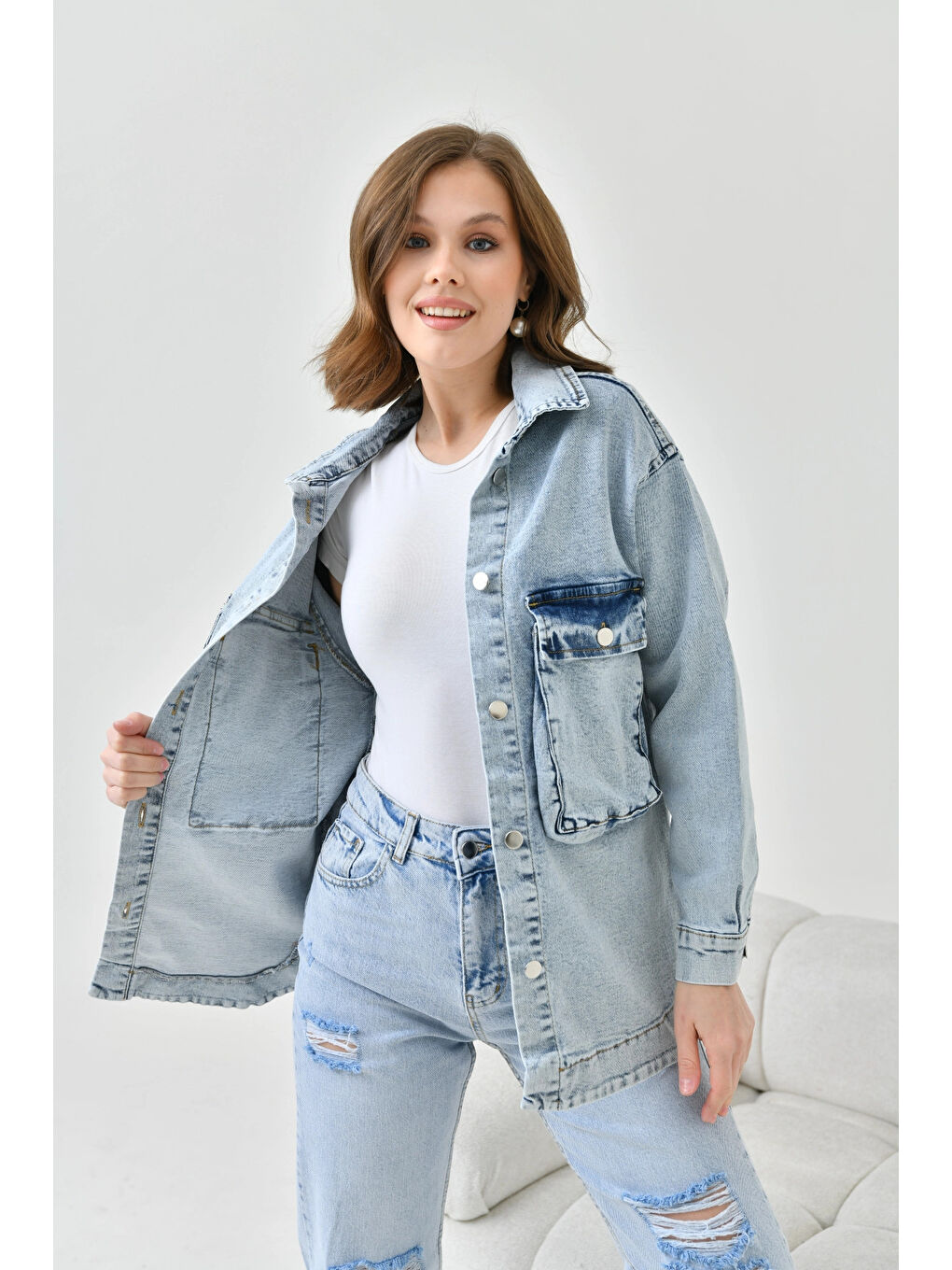 Buz Mavi Kargo Cep Düğmeli Denim Ceket-4