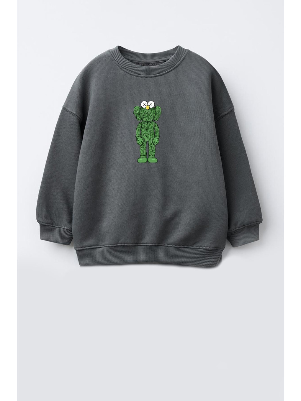 Antrasit Unisex Kaws Baskılı 3 İplik Kumaş Pamuklu Sweatshirt