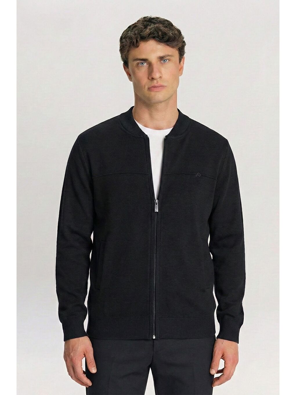 Siyah Regular Fit Yün Karışımlı Pilot Yaka Triko Hırka