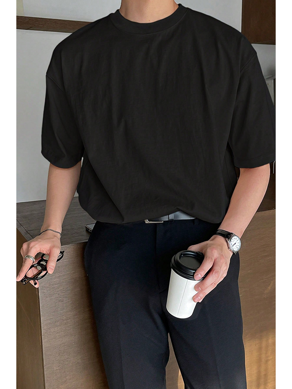 Siyah Erkek Oversize Tişört Pamuk Kumaş Bisiklet Yaka Rahat Kalıp T-shirt