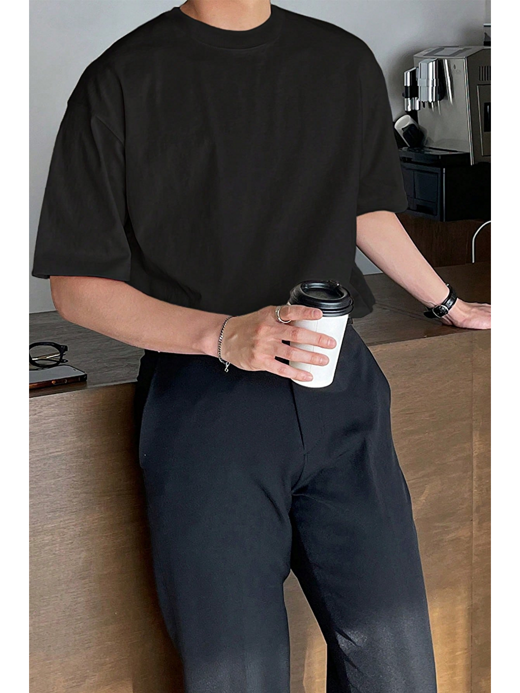 Siyah Erkek Oversize Tişört Pamuk Kumaş Bisiklet Yaka Rahat Kalıp T-shirt-1