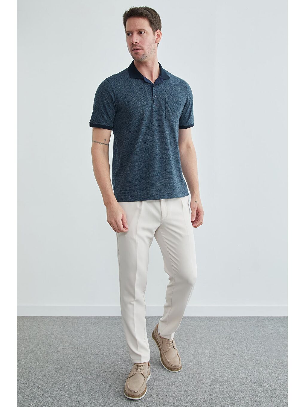 Lacivert Petek Kumaş Düğmeli Polo Yaka Tişört-1