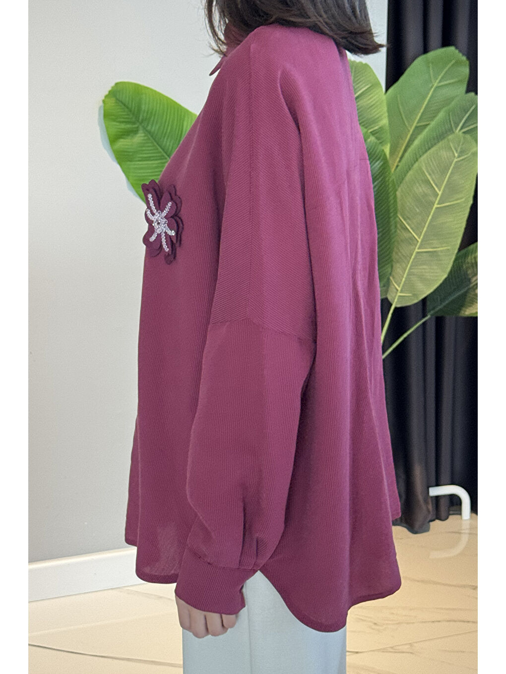 Çiçek Detaylı Gömlek Bluz 31531 Bordo-1