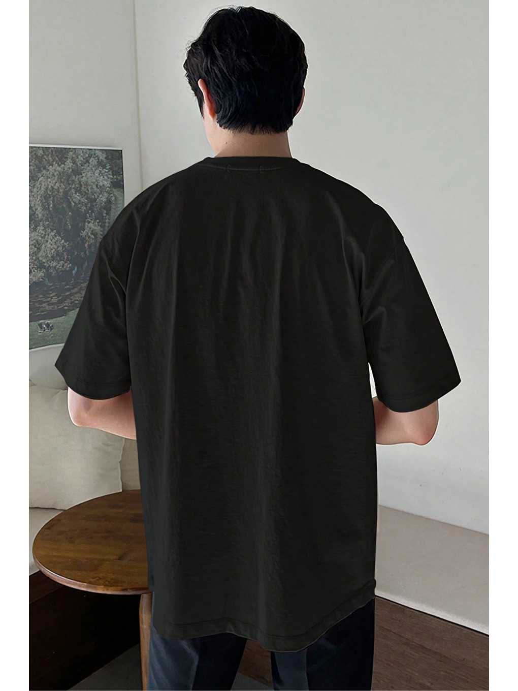 Siyah Erkek Oversize Tişört Pamuk Kumaş Bisiklet Yaka Rahat Kalıp T-shirt-2
