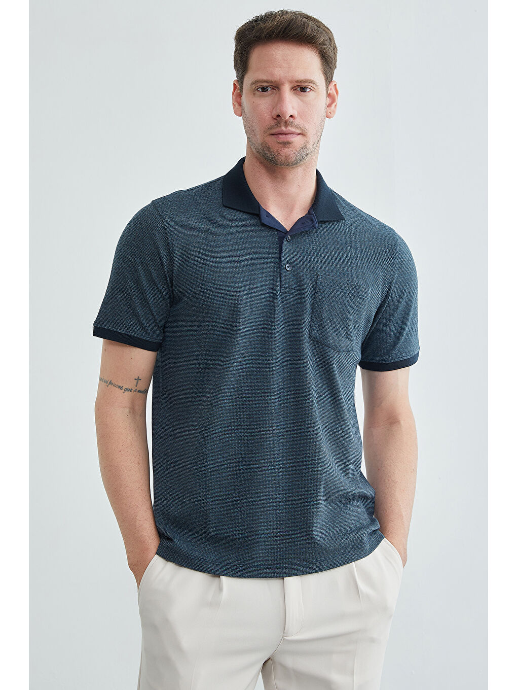 Lacivert Petek Kumaş Düğmeli Polo Yaka Tişört-2