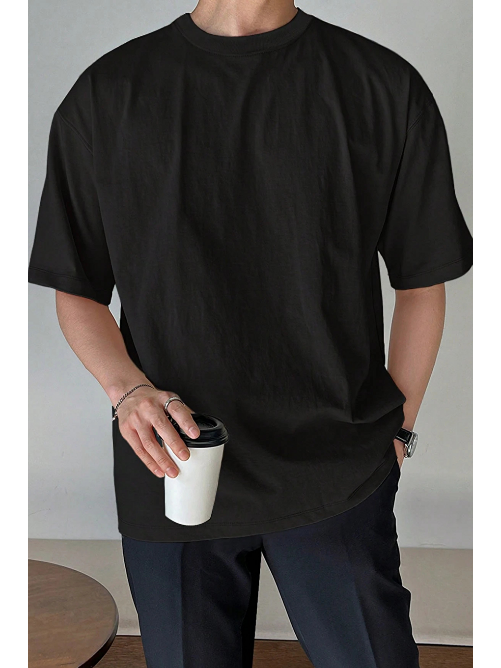 Siyah Erkek Oversize Tişört Pamuk Kumaş Bisiklet Yaka Rahat Kalıp T-shirt-3