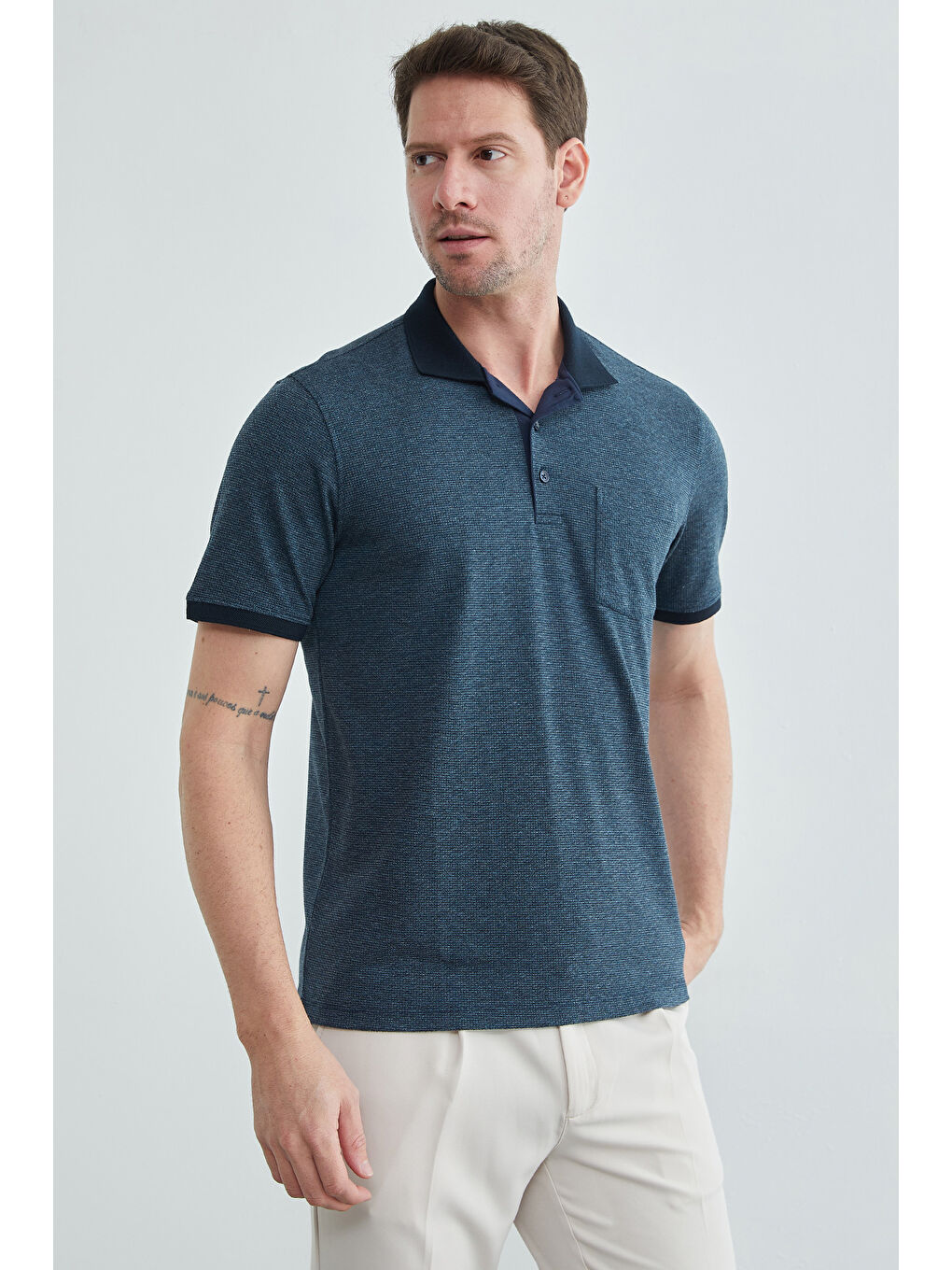 Lacivert Petek Kumaş Düğmeli Polo Yaka Tişört-3