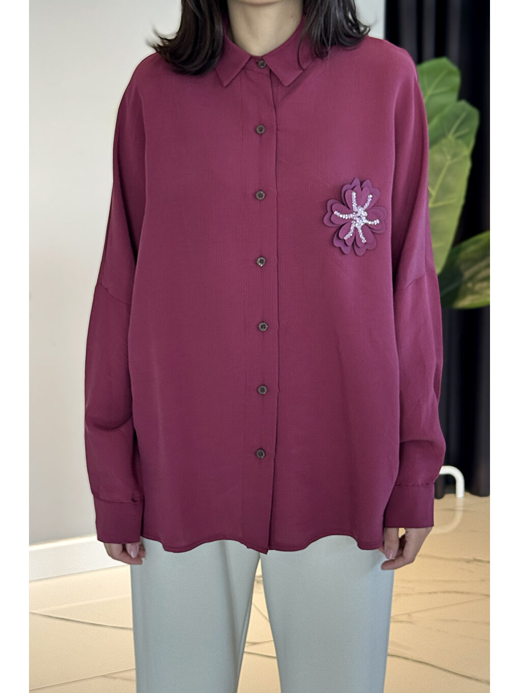 Çiçek Detaylı Gömlek Bluz 31531 Bordo-3