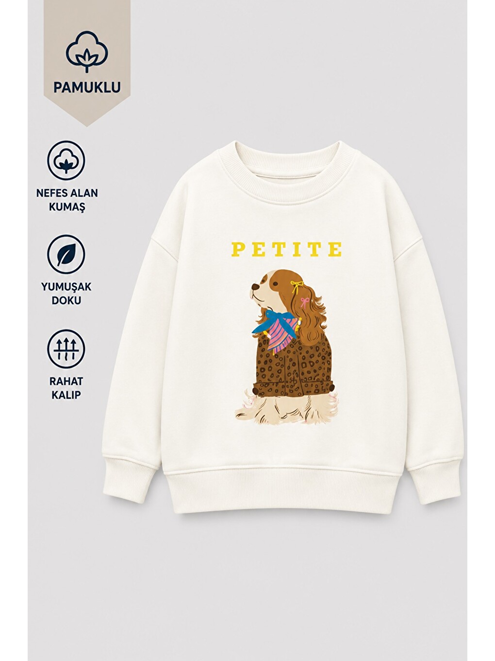 Ekru Kız Çocuk 3 İplik Kumaş Pamuklu Köpek Baskılı Sweatshirt-1