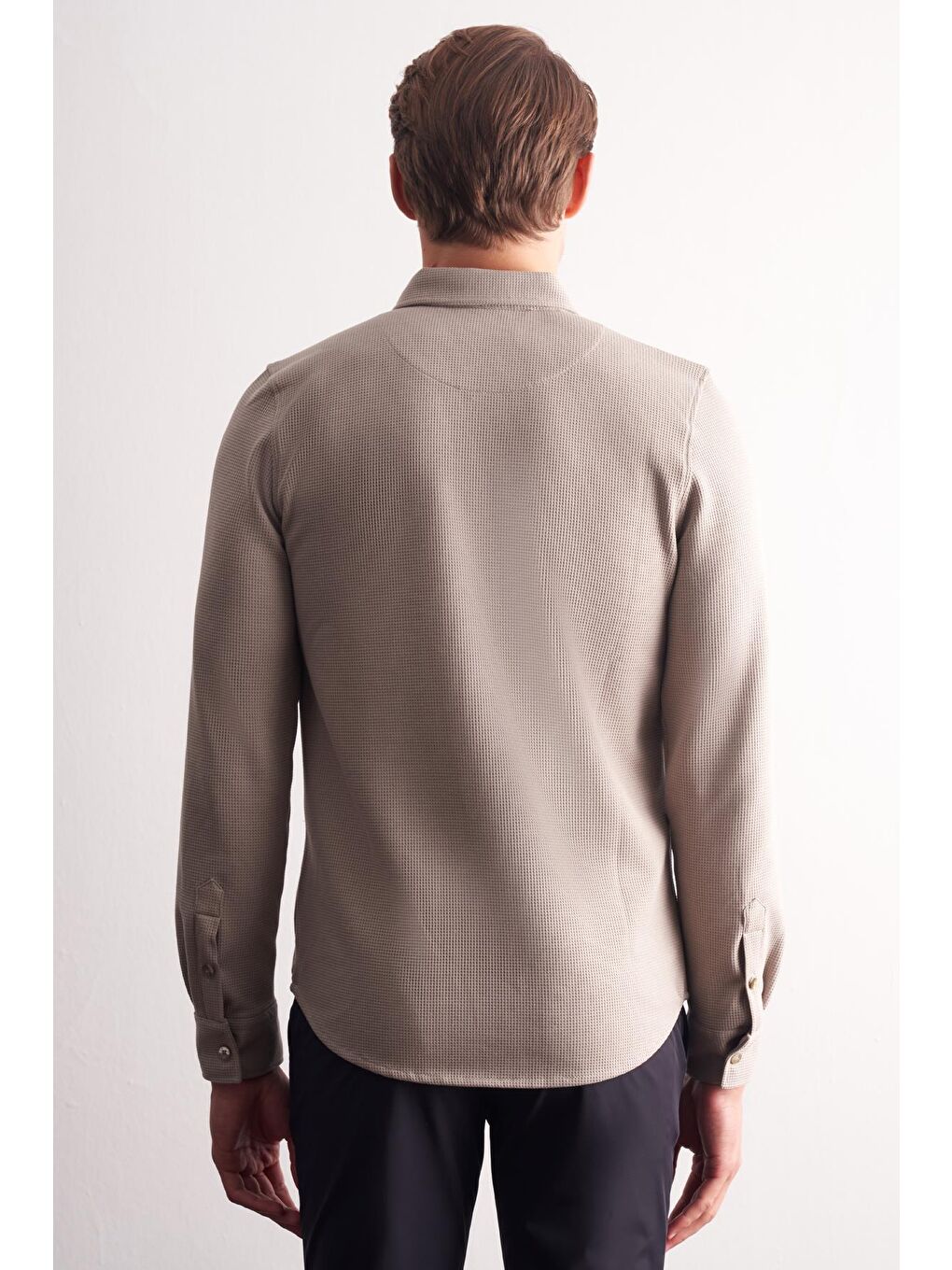 Bej Taş Rengi Uzun Kol Düğmeli Yaka  Pamuklu Slim Fit Gömlek 1004255267-4