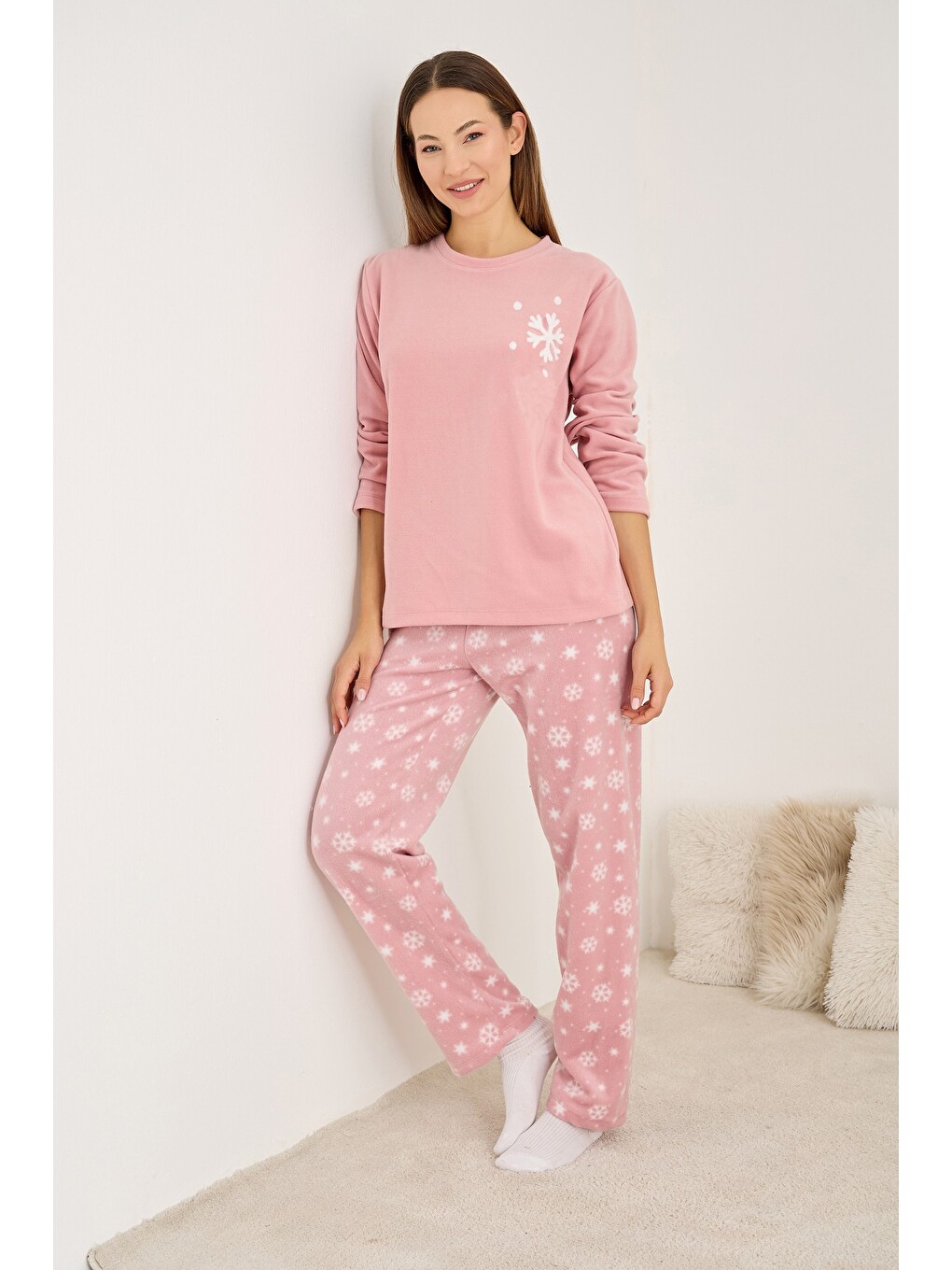 Pembe Polar Kışlık Örme Pijama Takım-1