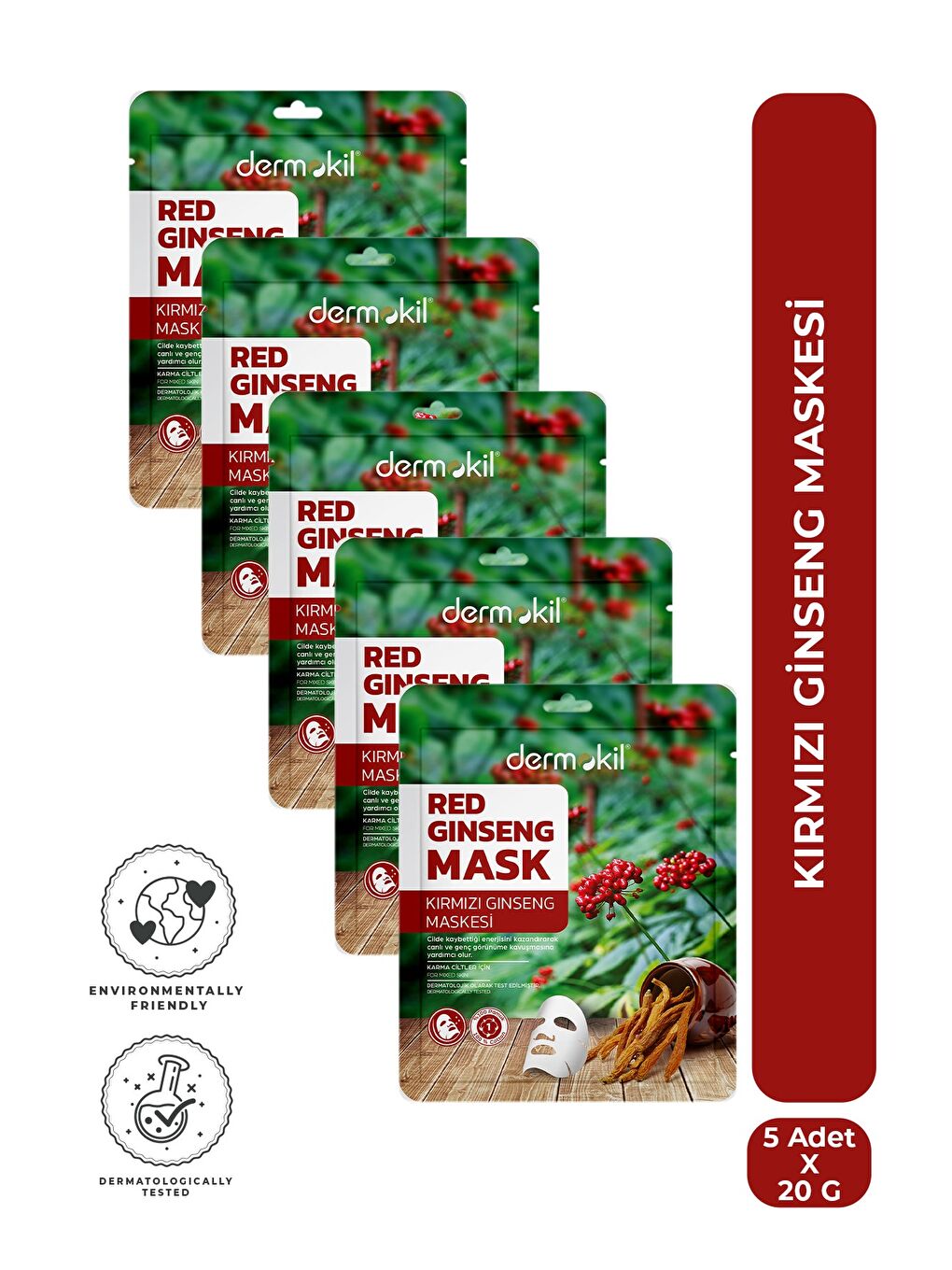 Kırmızı Ginseng Kağıt Yüz Maskesi (Karma Ciltler için) 20 g x 5 Adet