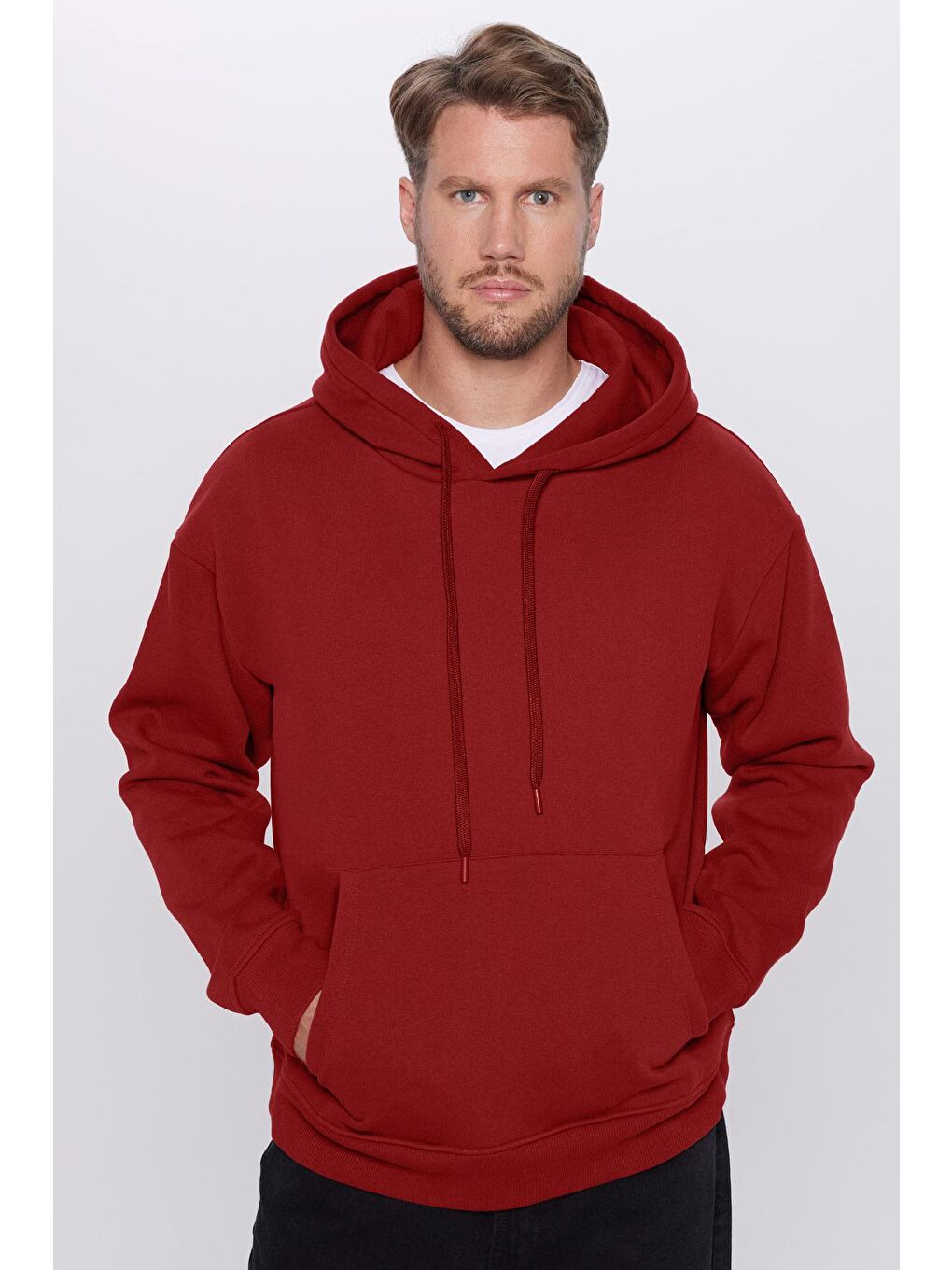 TUDORS Unisex Oversize Geniş Kesim Pamuklu Yumuşak Dokulu İçi Polarlı Basic Bordo Kapüşonlu Sweatshirt - 1