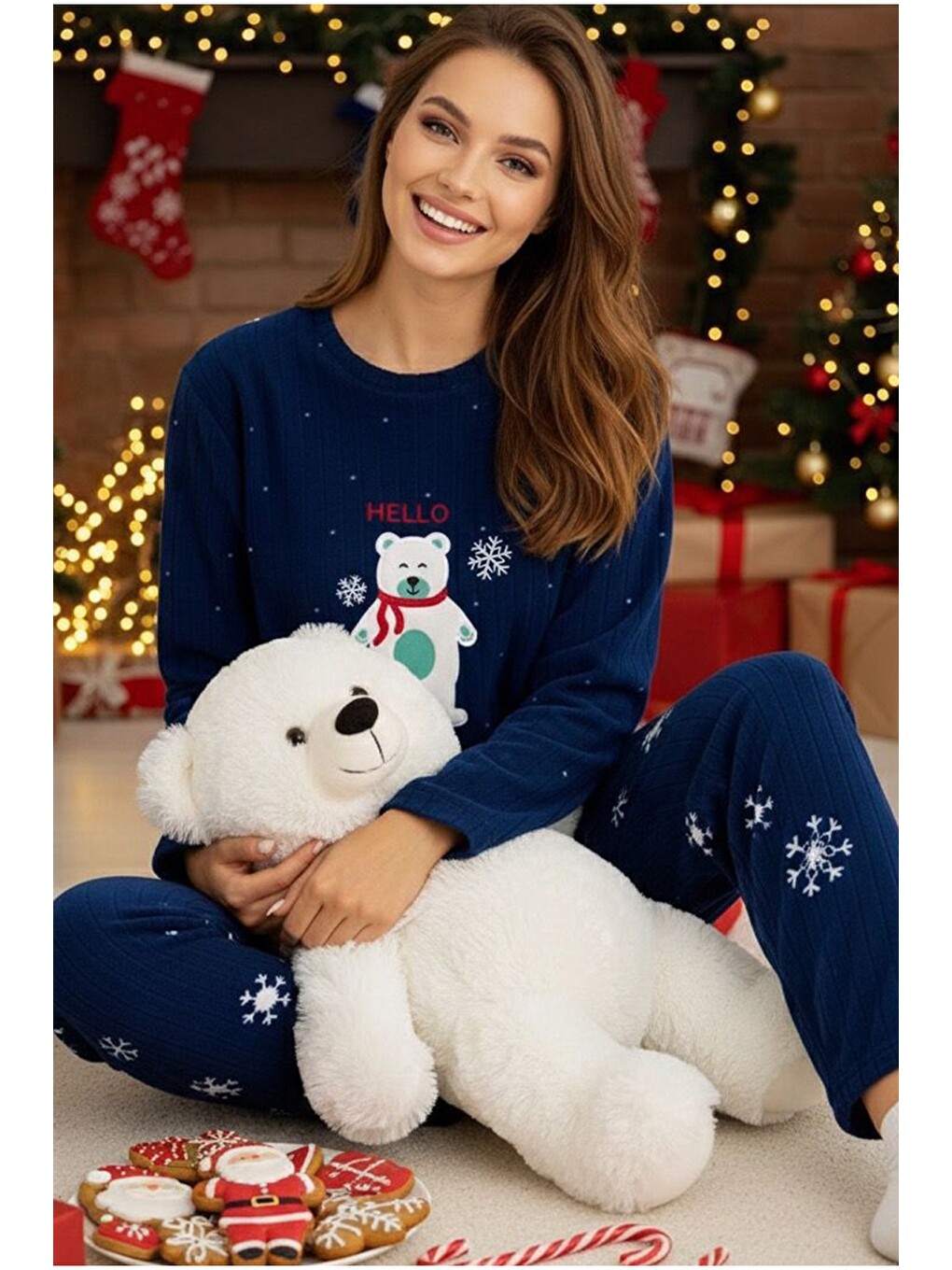 Lacivert Fitilli Polar Kışlık Örme Pijama Takım