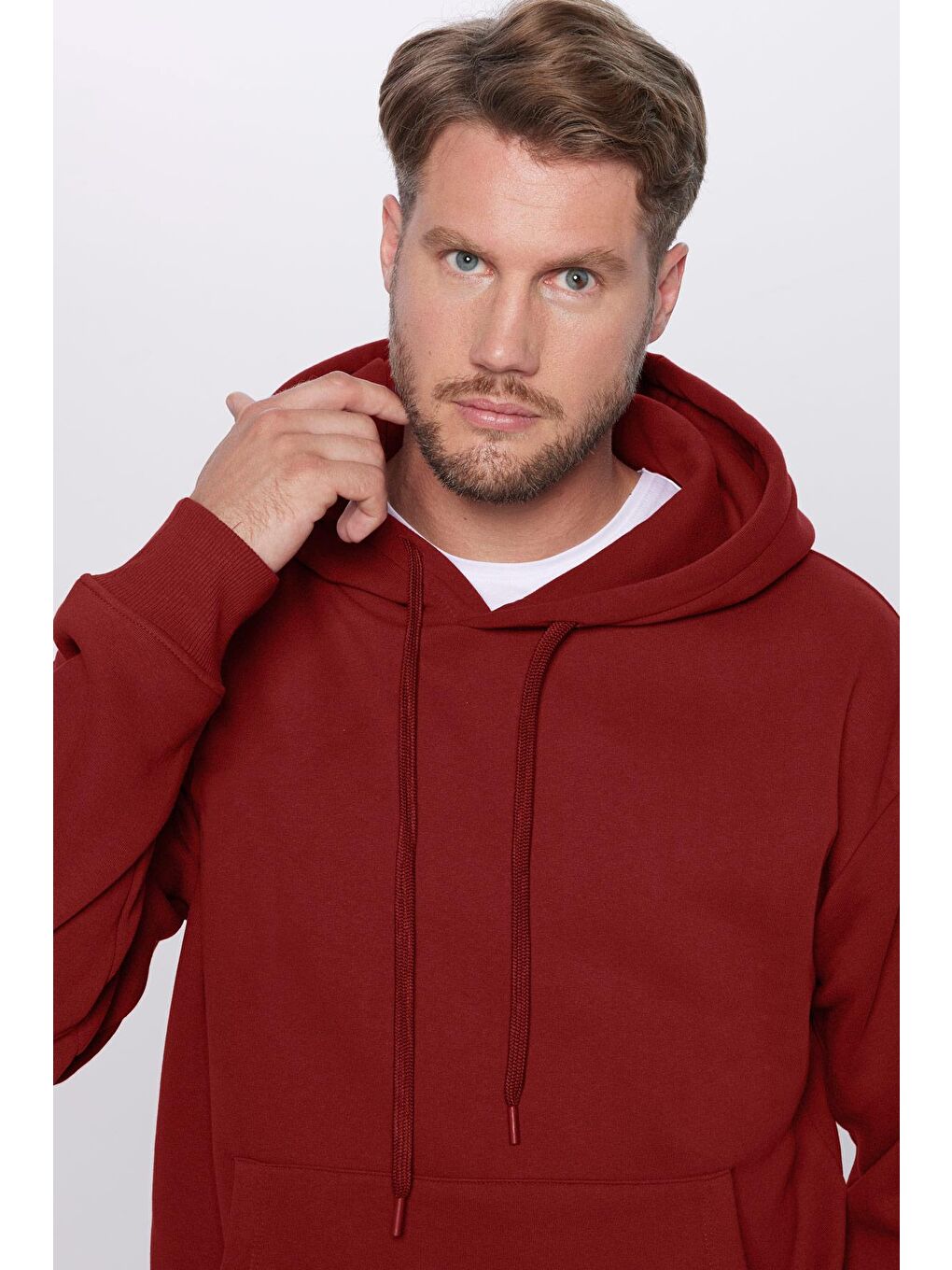 TUDORS Unisex Oversize Geniş Kesim Pamuklu Yumuşak Dokulu İçi Polarlı Basic Bordo Kapüşonlu Sweatshirt - 2