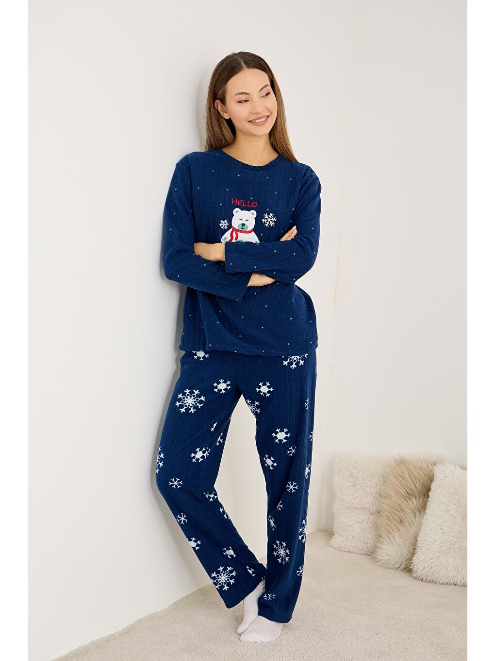 Lacivert Fitilli Polar Kışlık Örme Pijama Takım-1
