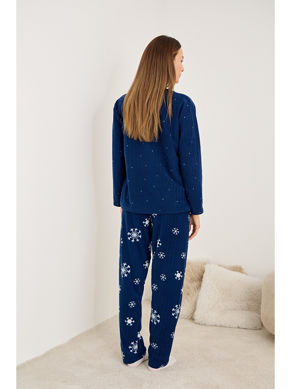 Lacivert Fitilli Polar Kışlık Örme Pijama Takım-2