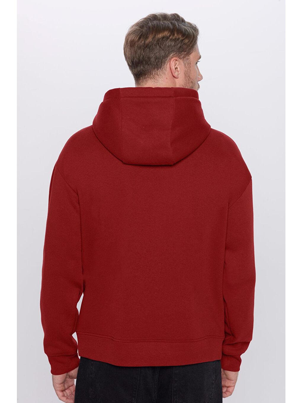 TUDORS Unisex Oversize Geniş Kesim Pamuklu Yumuşak Dokulu İçi Polarlı Basic Bordo Kapüşonlu Sweatshirt - 4