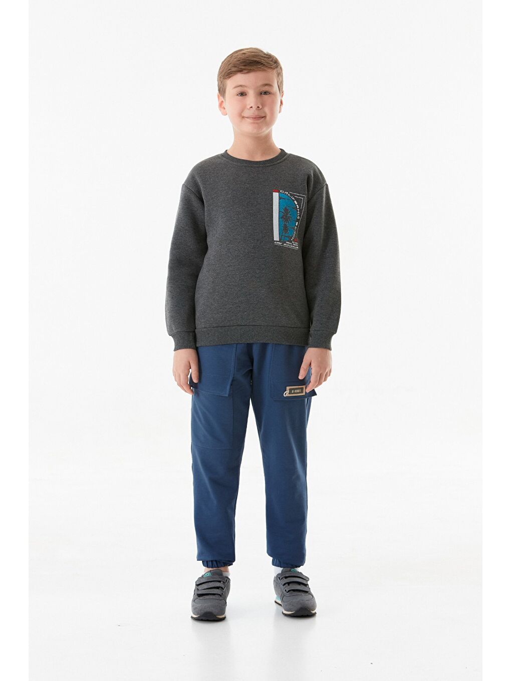 Antrasit California Baskılı Bisiklet Yaka Erkek Çocuk Sweatshirt