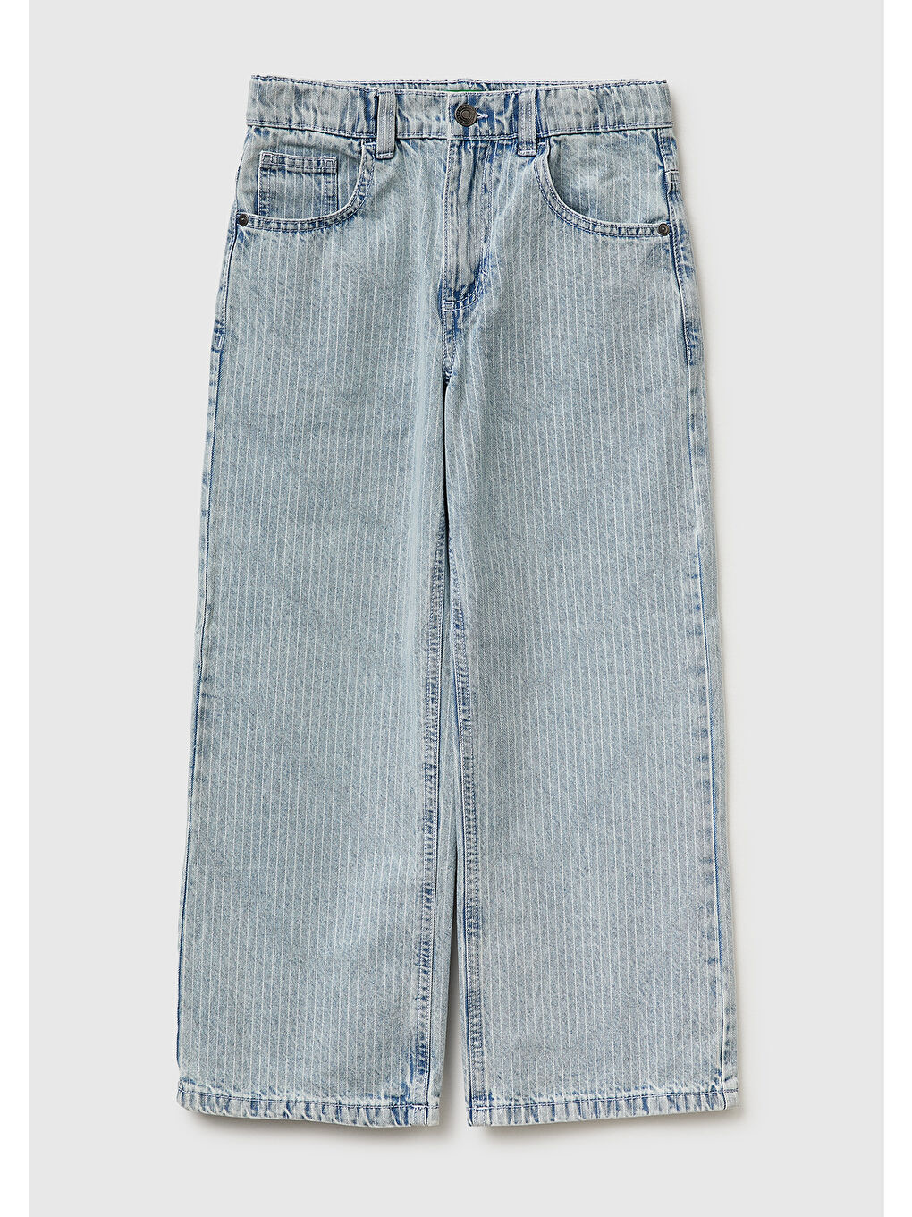 Erkek Çocuk Buz Mavisi Cebi Logo Nakışlı İnce Çizgili Rahat Kalıp Denim Pantolon