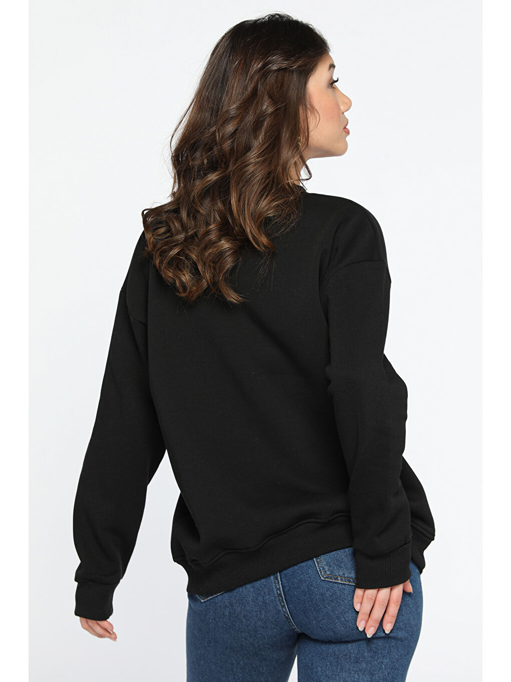 Siyah Kalp Nakışlı Üç İplik Şardonlu Kadın Sweatshirt-2