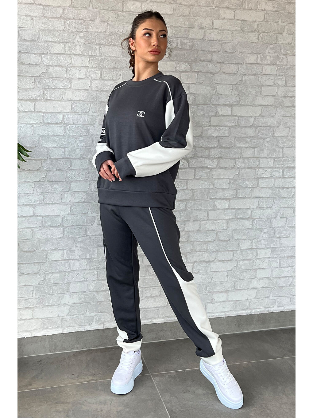 Antrasit Kadın Renk Garnili Eşofman Takımı-1