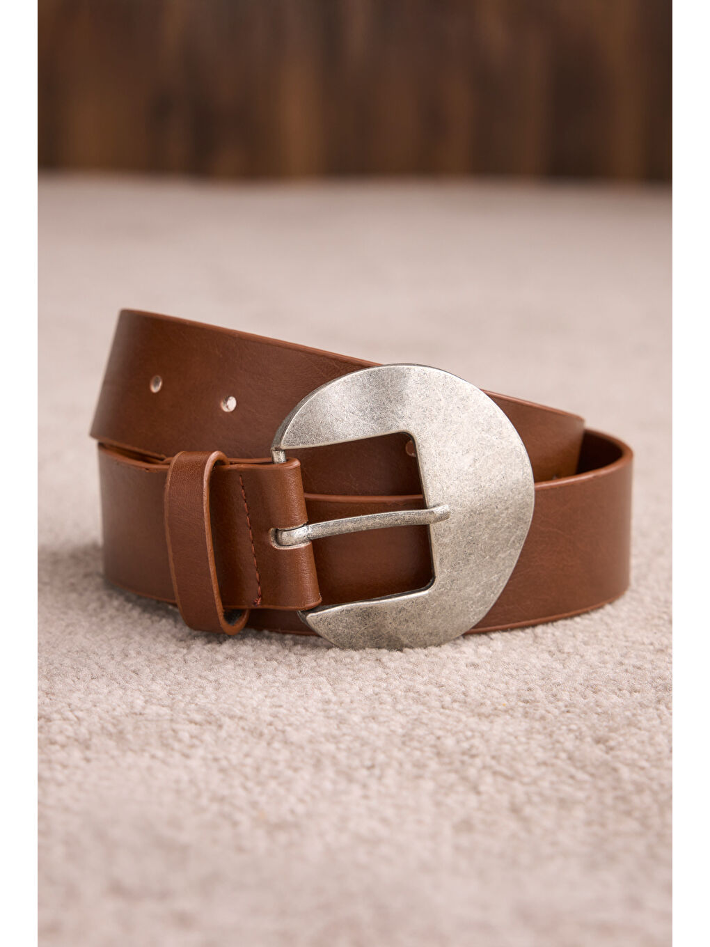 Kahverengi Oval Metal Tokalı Kemer Taba-1