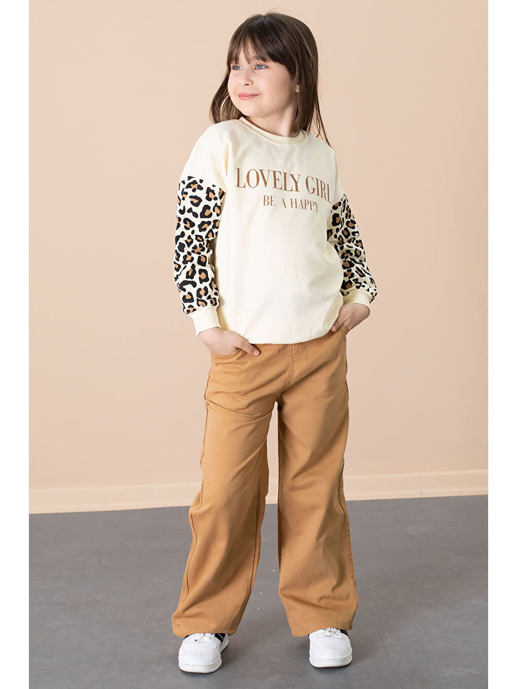 Kahverengi Taba Kolları Leopar Desenli Badili Kız Çocuk Pantolonlu 2li Takım 20692