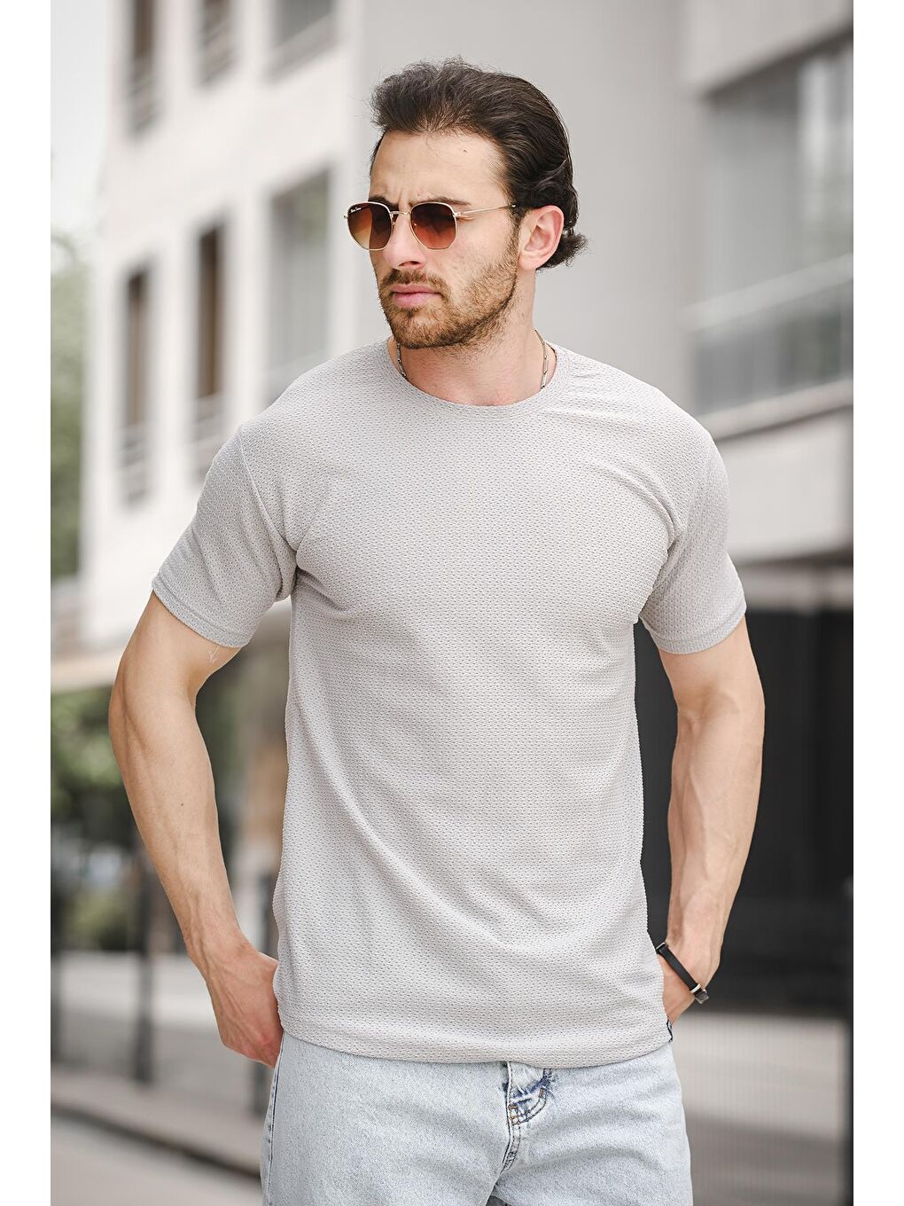 Antrasit Bisiklet Yaka Kısa Kollu Basic Erkek Tişört-1