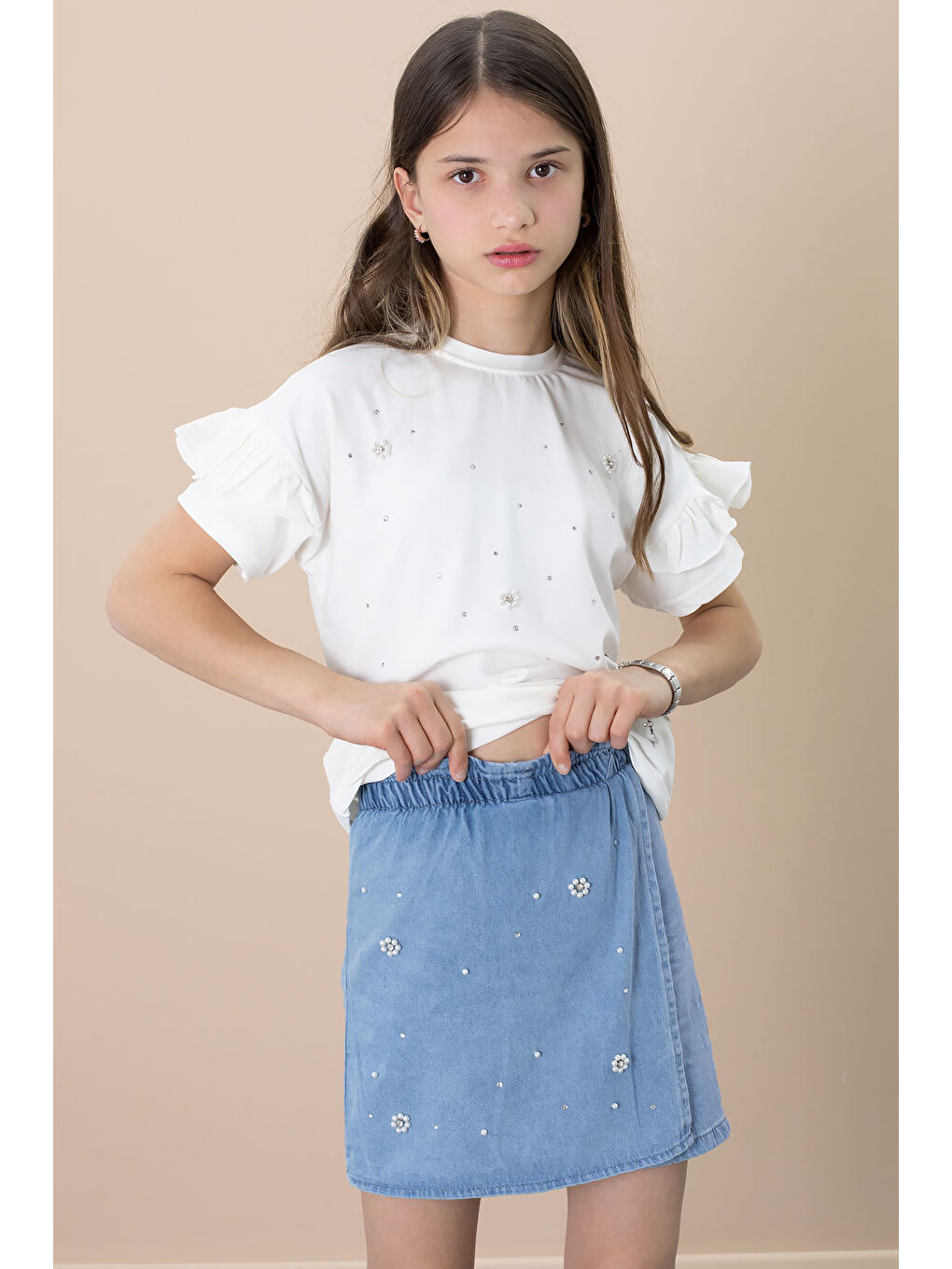 Beyaz Mavi Jean Şortlu Payetli Kısa Kol Tişörtlü Kız Çocuk 2li Takım 21101-1
