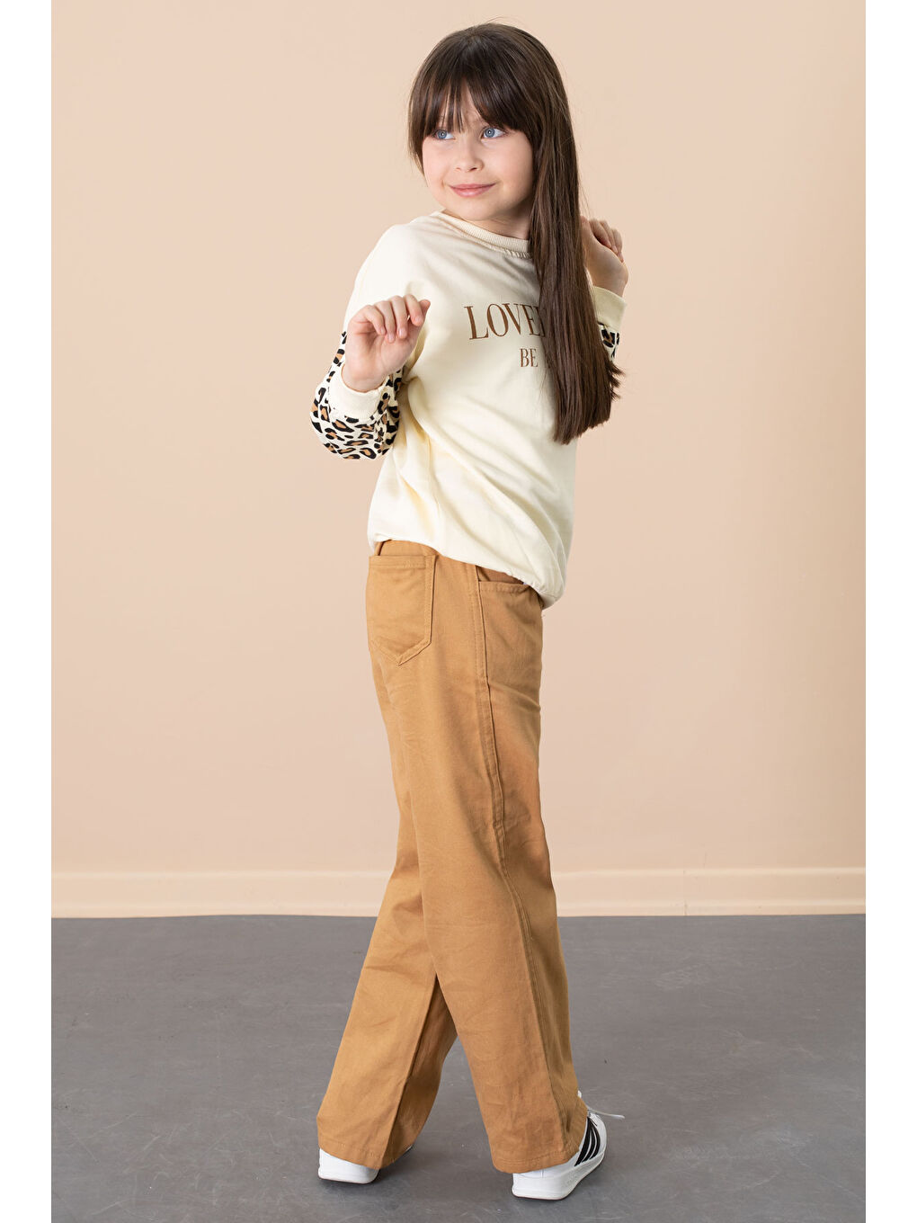 Kahverengi Taba Kolları Leopar Desenli Badili Kız Çocuk Pantolonlu 2li Takım 20692-2