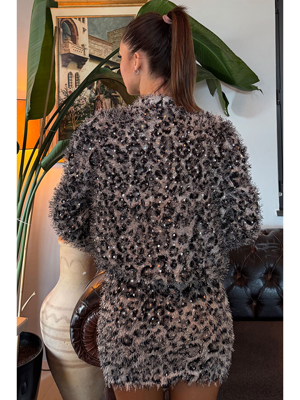 Gri Kadın Pullu Ve Sakallı Leopar Desen Astarlı Ceket-2