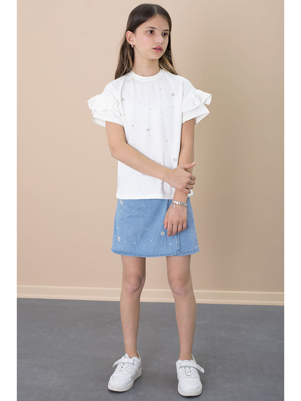 Beyaz Mavi Jean Şortlu Payetli Kısa Kol Tişörtlü Kız Çocuk 2li Takım 21101-2