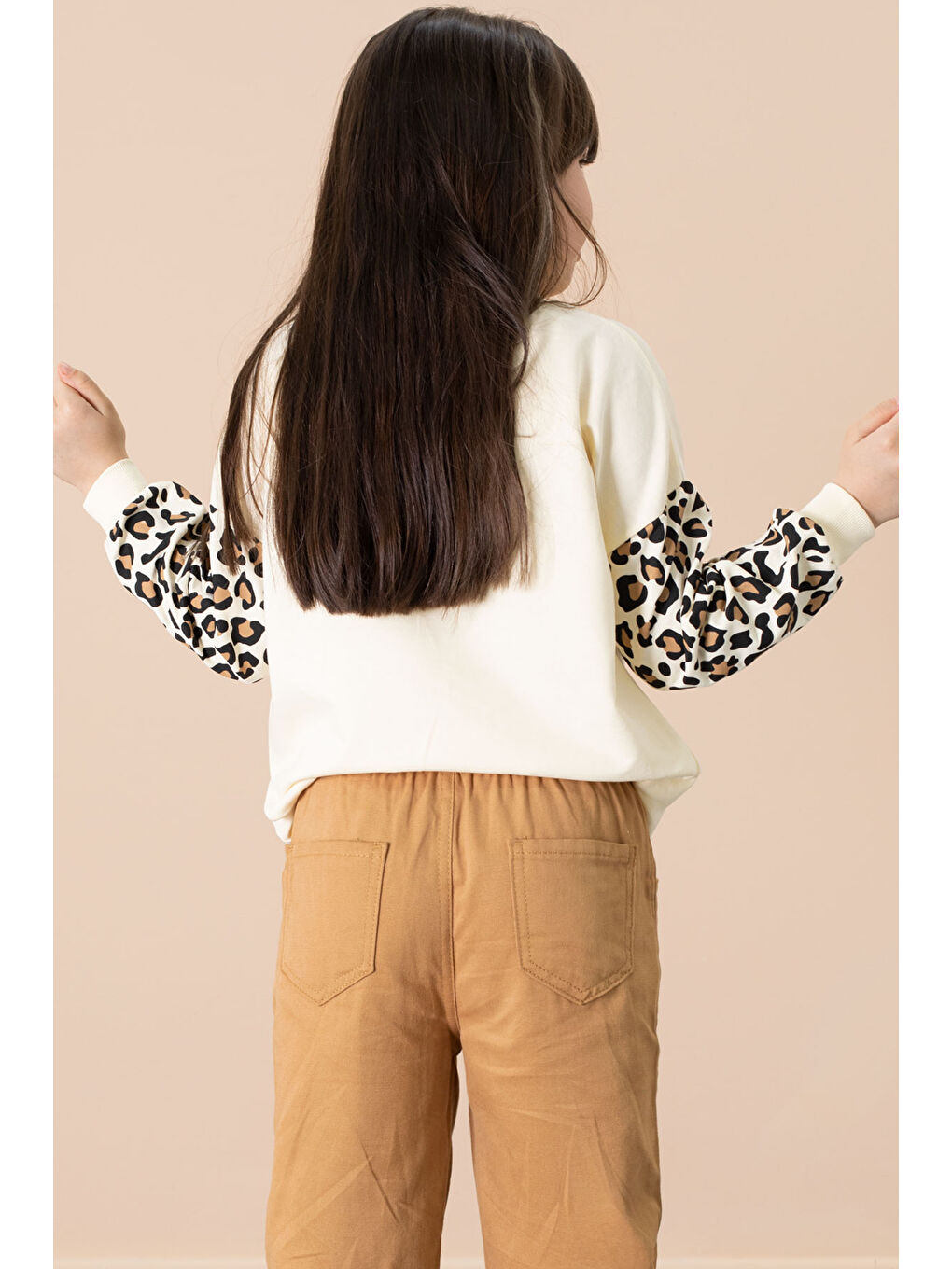 Kahverengi Taba Kolları Leopar Desenli Badili Kız Çocuk Pantolonlu 2li Takım 20692-3