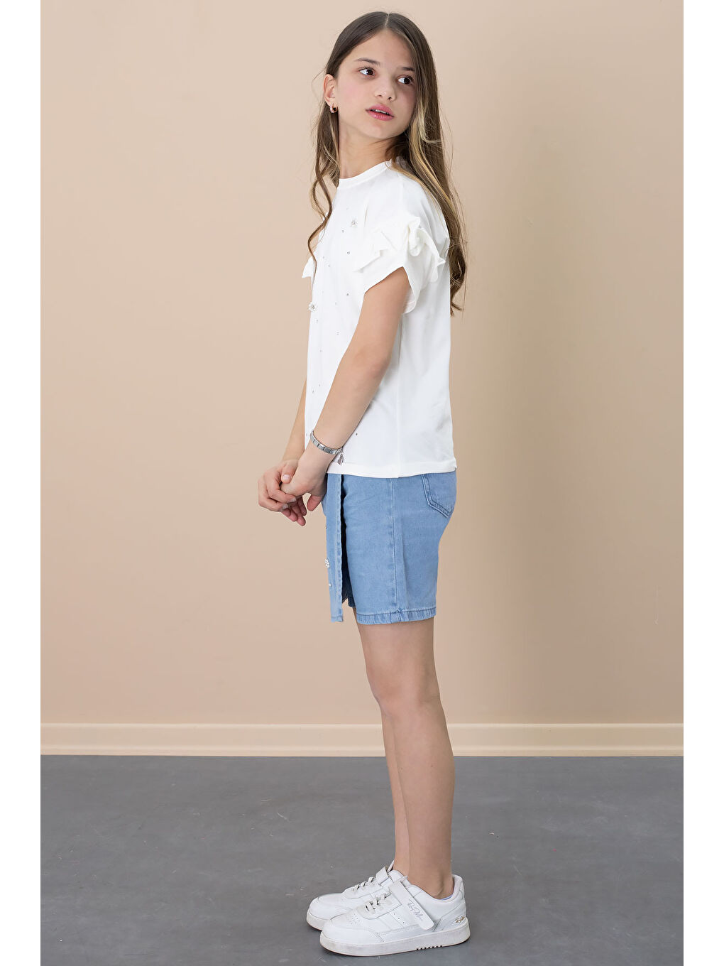 Beyaz Mavi Jean Şortlu Payetli Kısa Kol Tişörtlü Kız Çocuk 2li Takım 21101-3